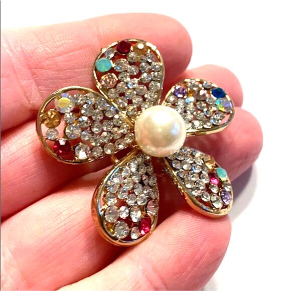 Flower power brooch goldtone & rhinestones encrusted pin clear and multicolor - Picture 2 of 4